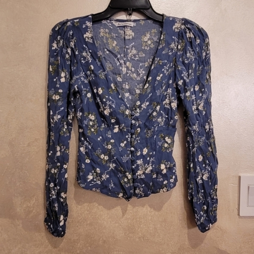 Reformation Blue Floral V-Neck Button-Front Puff Sleeve Top - Picture 4 of 7